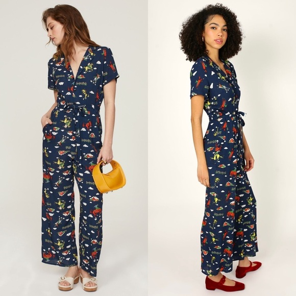 HVN Western Rodeo Print Short Sleeve Button Up Tie Waist Ankle Crop Jumpsuit 12 - Picture 3 of 12